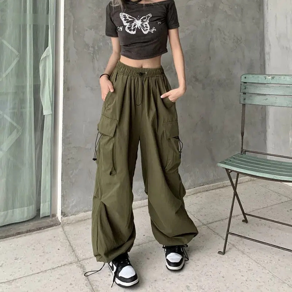 2024 Women Casual Joggers Tech Pants Solid Low Waist Pants Drawstring Wide Leg