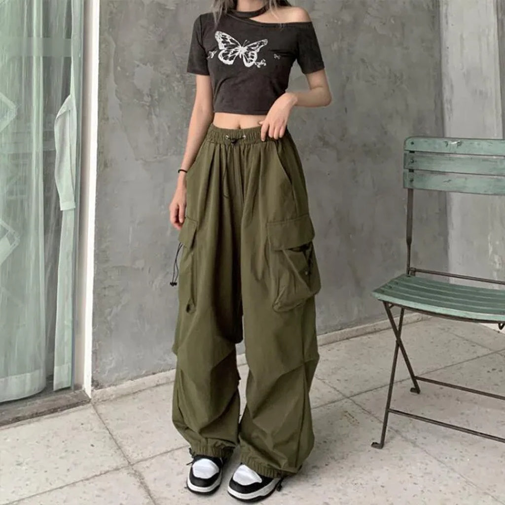 2024 Women Casual Joggers Tech Pants Solid Low Waist Pants Drawstring Wide Leg